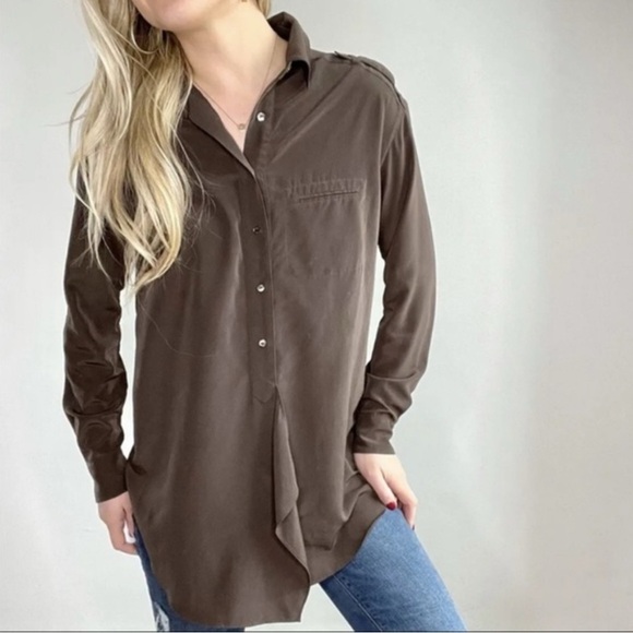 Vince Brown Military Style Collar Sateen Button Down Shirt Medium - Picture 1 of 8